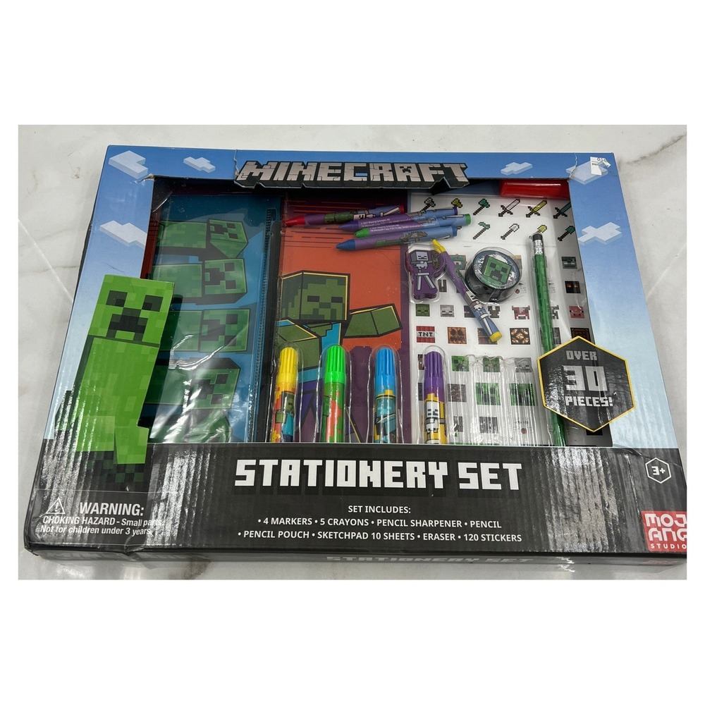 Minecraft Stationery Set 30+ Pcs Markers Crayons Stickers Pencil Pouch Mojang